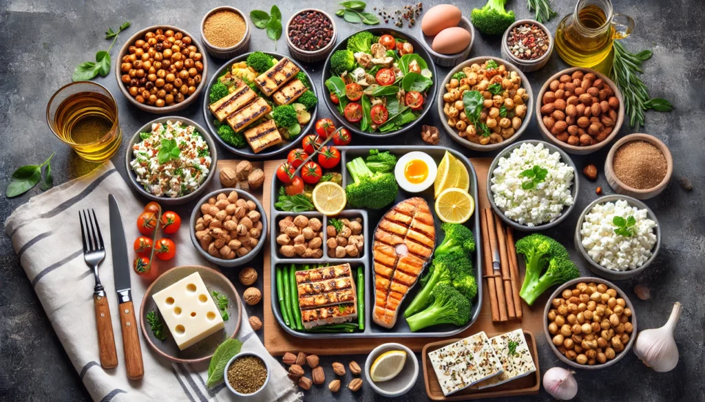 Easy High Protein Meals for Muscle Gain: Fuel Athletic Recovery & Optimize Performance 2 "A high-quality meal prep scene displaying grilled fish, tofu, steamed broccoli, roasted chickpeas, cottage cheese, and mixed nuts in an organized kitchen setting with fresh herbs and spices for added appeal."