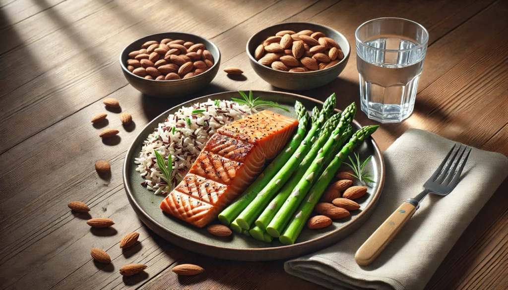 How Much Should I Eat to Gain Muscle? A Science-Backed Guide to Optimal Nutrition for Athletic Recovery 1 "A balanced meal for muscle gain featuring grilled salmon, brown rice, steamed asparagus, and almonds, highlighting nutrient-dense foods for optimal athletic recovery."