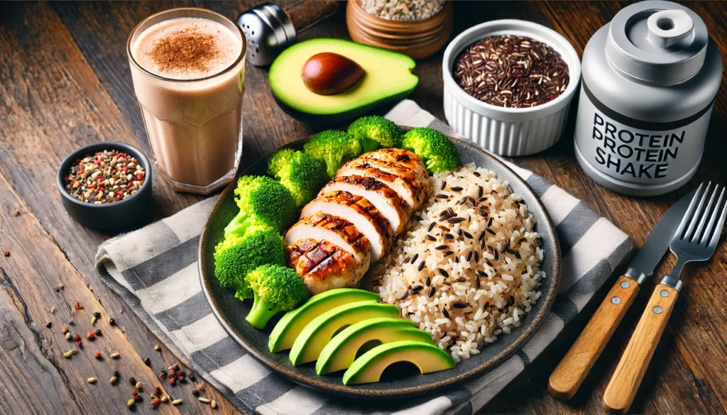 Best Foods for Bulking Skinny Guys: Top Muscle-Building Foods for Faster Recovery and Strength Gains 1 A post-workout recovery meal designed for muscle-building, featuring grilled chicken, brown rice, steamed broccoli, and avocado slices, accompanied by a protein shake for optimal muscle repair.