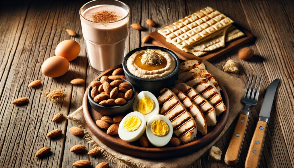 Best Bodybuilding Snacks: High-Protein Foods to Fuel Muscle Recovery and Growth 1 A protein-rich snack platter for muscle recovery, featuring grilled chicken strips, boiled eggs, almonds, hummus with whole-grain crackers, and a whey protein shake. The rustic setting with dark wooden background enhances the appeal of the nutrient-dense meal.