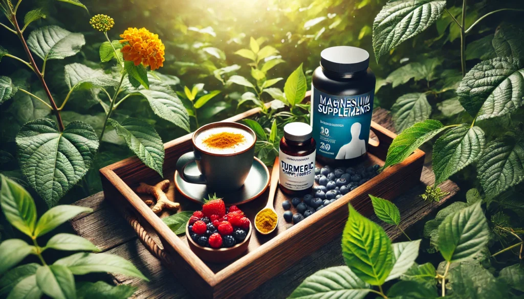 Natural Remedies for Muscle Pain and Inflammation: Effective Solutions for Athletic Recovery & Regeneration 1 An outdoor scene with a wooden tray holding a cup of turmeric latte, fresh berries, and a bottle of magnesium supplements, with sunlight filtering through green foliage, emphasizing natural nutrition for muscle recovery.