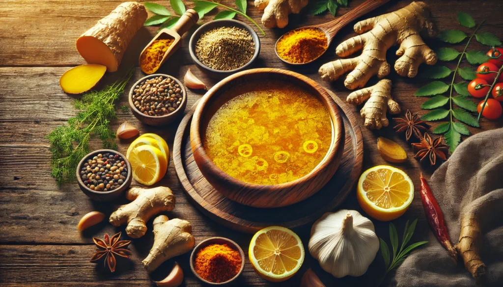 Best Foods to Eat for Joint Health: Optimize Athletic Recovery & Reduce Knee Pain Naturally 1 "A wooden bowl filled with golden bone broth, surrounded by turmeric root, ginger, garlic, fresh herbs, and lemon wedges, symbolizing the healing power of natural foods for joint recovery."