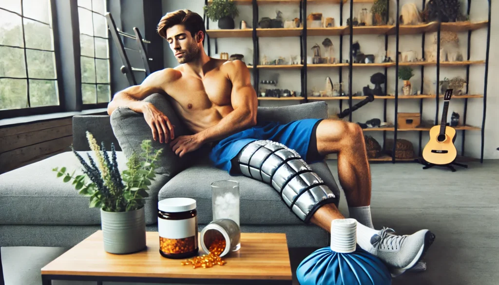 The Best Supplements for Muscle Pain and Stiffness: Optimize Recovery and Performance Naturally 2 An athlete resting in a recovery lounge, using cooling packs on sore muscles with herbal supplements nearby, showcasing natural methods for muscle pain relief and stiffness recovery.