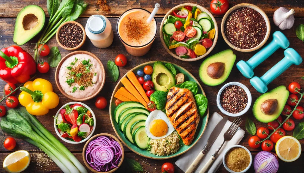 "A vibrant top-down view of a healthy fitness meal featuring grilled chicken, quinoa, avocado, fresh vegetables, and a protein smoothie on a wooden table, emphasizing balanced nutrition for peak performance."