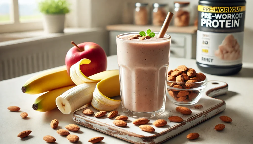 What to Eat 30 Minutes Before Workout: The Best Foods for Peak Performance and Faster Recovery 1 A protein-rich pre-workout snack with a banana smoothie made from almond milk and whey protein, accompanied by a handful of nuts and sliced apple, set in a bright kitchen with a fitness-focused atmosphere.