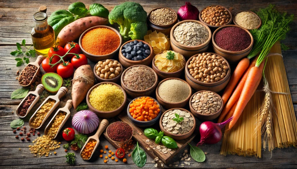 A high-resolution image showcasing healthy carbohydrate-rich foods for bulking, featuring cooked quinoa, brown rice, whole wheat pasta, sweet potatoes, oats, lentils, and chickpeas on a rustic wooden surface.