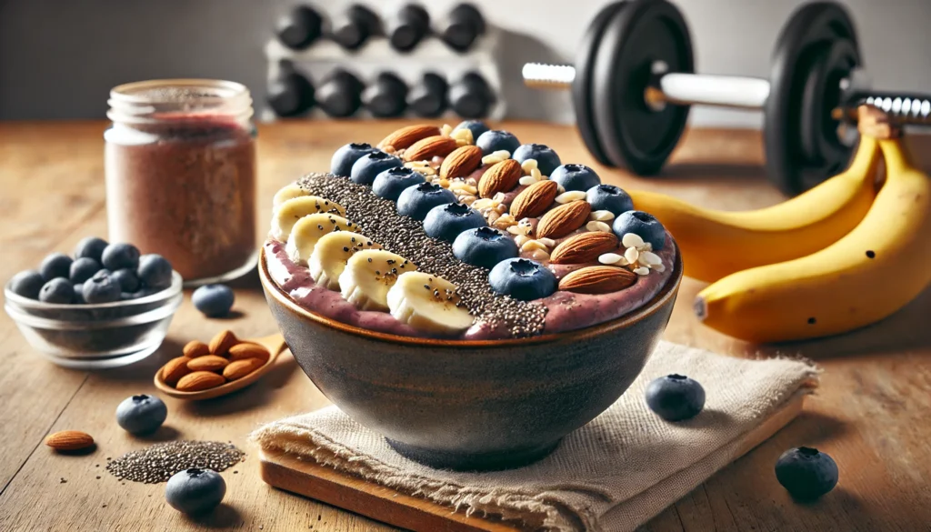 What to Eat to Get Shredded: The Ultimate Nutrition Guide for Athletic Recovery & Regeneration 1 A nutrient-dense smoothie bowl with blended acai, banana slices, chia seeds, almonds, and blueberries, drizzled with almond butter. The clean wooden table and fitness-themed background enhance the presentation.