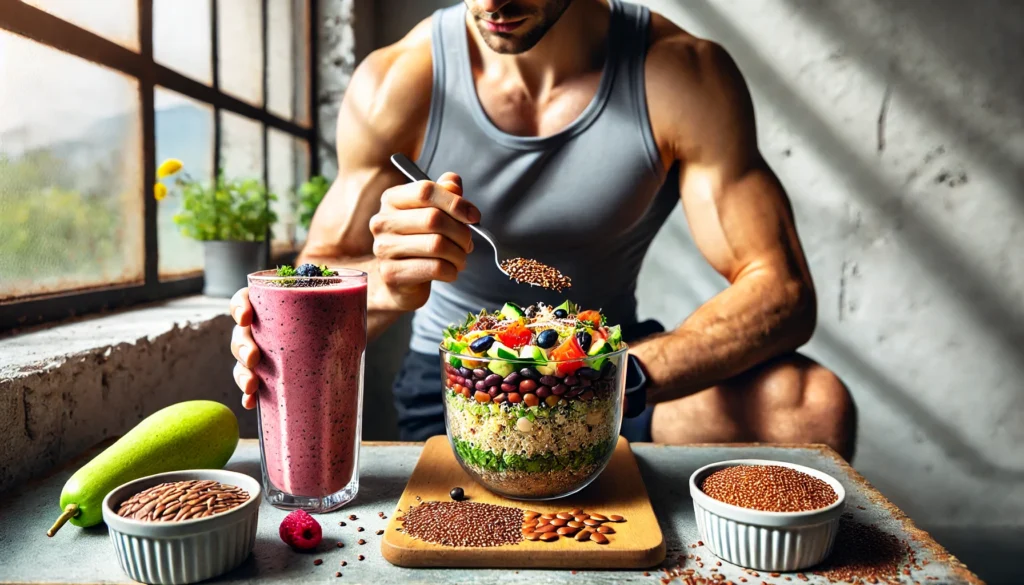 How to Get 30 Grams of Fiber a Day for Optimal Athletic Recovery & Performance 1 A high-performance athlete enjoying a fiber-packed meal featuring a quinoa salad with vegetables, beans, and nuts, accompanied by a nutrient-dense berry and flaxseed smoothie in a bright and modern setting.