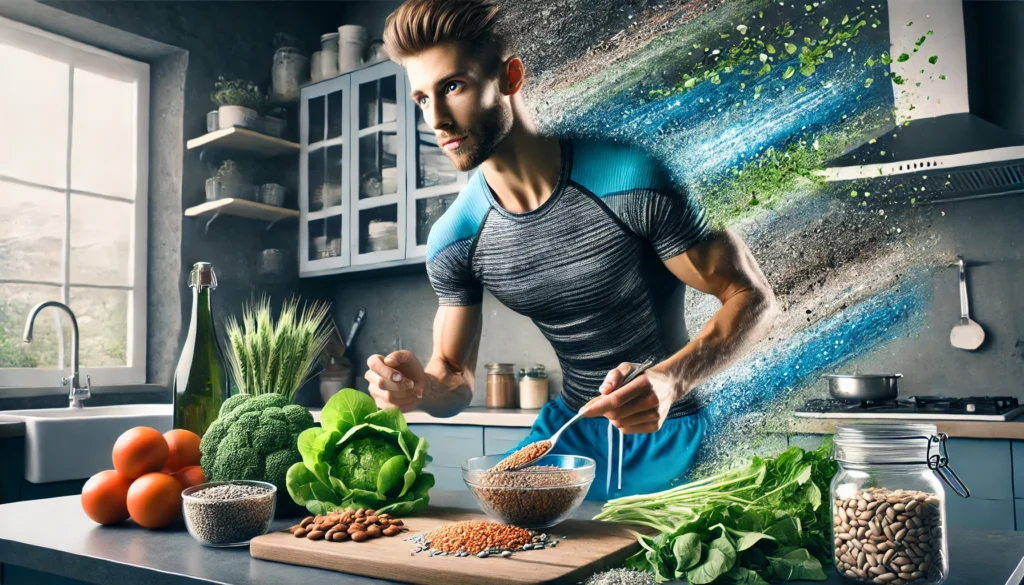Best Fiber for Weight Loss: How the Right Fiber Can Speed Up Athletic Recovery & Regeneration 1 A fit athlete preparing a fiber-rich meal in a modern kitchen, featuring whole grains, leafy greens, and legumes, emphasizing fiber’s role in post-workout recovery and nutrition.