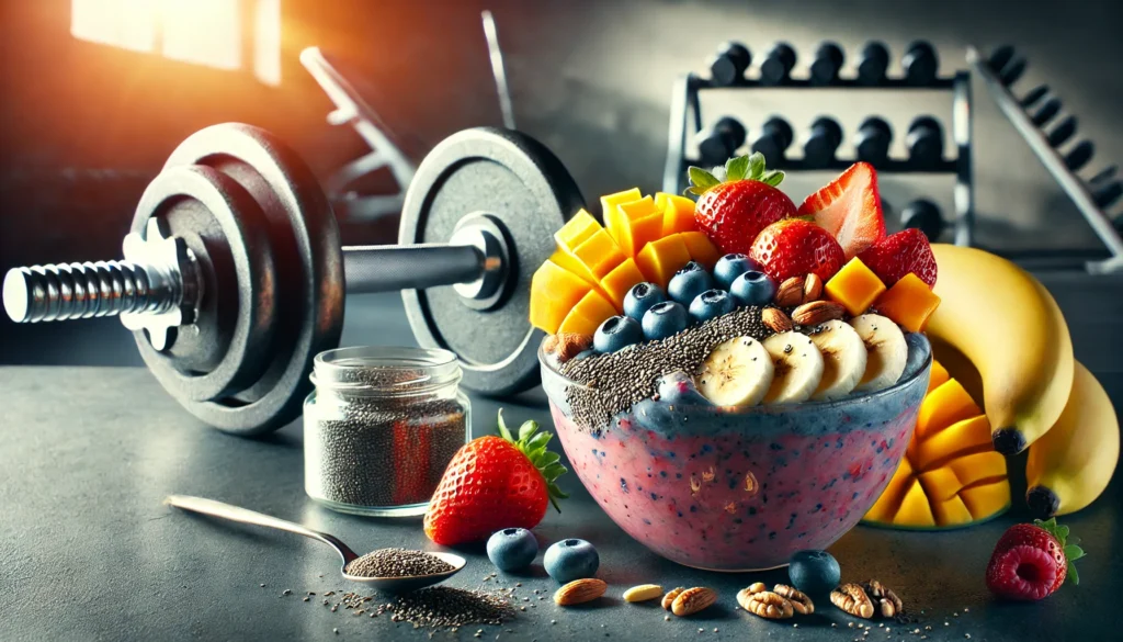 Best Fruits for Muscle Gain: Natural Nutrients to Boost Athletic Recovery & Regeneration 1 A high-energy smoothie bowl packed with muscle-building fruits such as bananas, blueberries, strawberries, and mangoes, garnished with chia seeds and nuts, with a softly blurred fitness environment in the background.