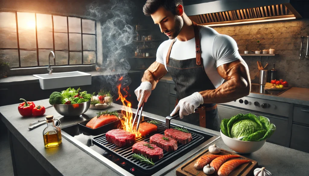 Best Meat Protein for Muscle Growth: Top Choices for Athletic Recovery & Regeneration 1 "A professional chef grilling lean cuts of beef, chicken breast, and salmon on a modern stovetop, with flames and steam rising, surrounded by fresh herbs, olive oil, and vegetables, highlighting high-protein nutrition for muscle recovery."