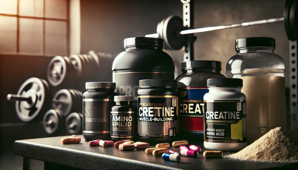 Best Muscle Building Supplements for Faster Recovery & Maximum Growth 1 A detailed shot of various muscle-building supplements, including protein powder, creatine, and amino acids, displayed on a dark gym bench with a blurred background of weights.