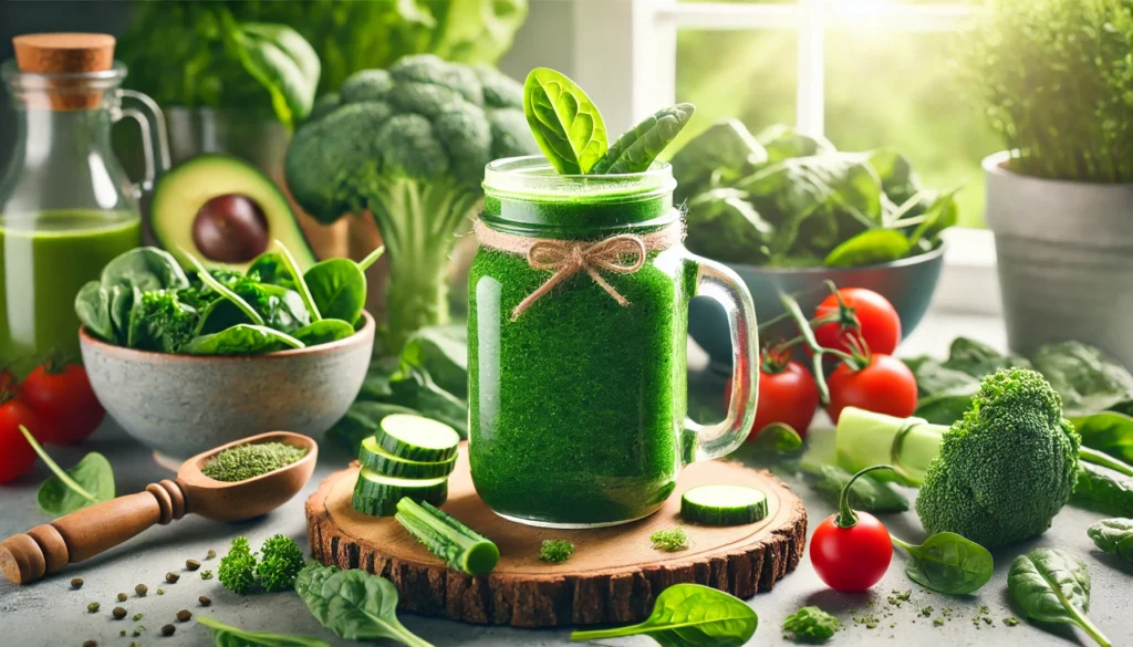 Best Greens for Bodybuilding: Nutrient-Packed Vegetables to Enhance Recovery & Muscle Growth 1 A close-up of a green smoothie in a glass jar, surrounded by fresh spinach, kale, and other leafy greens, symbolizing optimal nutrition for bodybuilding and post-workout recovery.