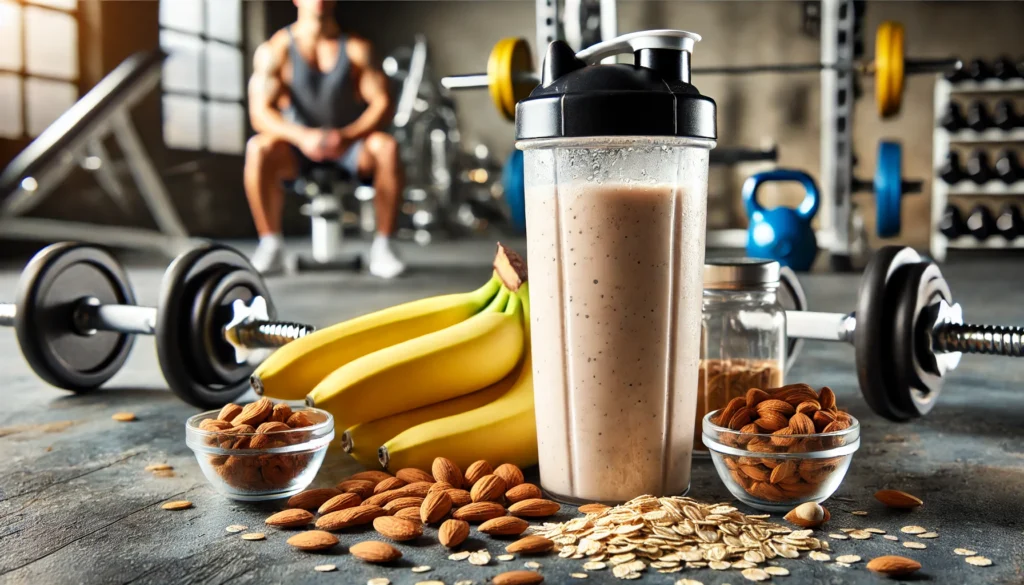 Boost Your Performance: The Best Protein Powder for Muscle Gain and Faster Athletic Recovery 1 "A close-up of a protein shake in a blender bottle, surrounded by bananas, almonds, and oats, with a blurred gym background representing nutrition and muscle recovery."
