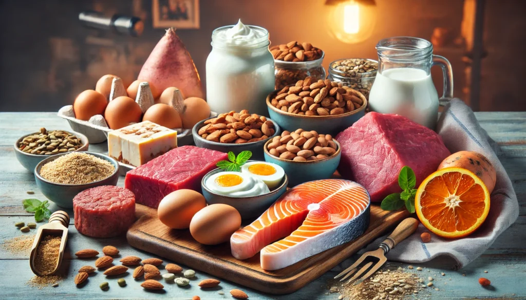 What to Eat to Gain Weight and Muscle: Essential Nutrition for Athletic Recovery & Regeneration 1 A variety of protein-rich foods for muscle building, including salmon, eggs, lean beef, Greek yogurt, and tofu, displayed on a wooden cutting board. Surrounding them are complex carbohydrates like sweet potatoes and whole grains, along with nuts and seeds for added nutrition.