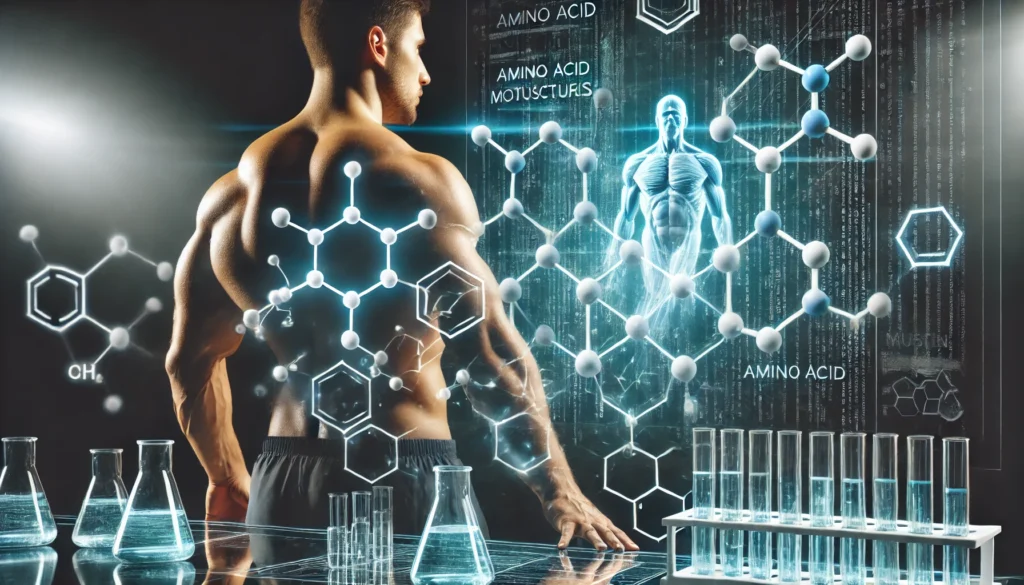 The Best Amino Acids for Muscle Growth and Recovery: Unlock Peak Performance and Faster Athletic Regeneration 2 "A muscular individual in a futuristic science lab analyzing amino acid molecular structures on a holographic display, symbolizing the fusion of science and muscle recovery."