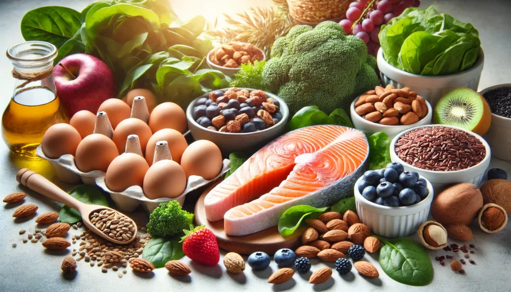 The Best Diet for Muscle Growth and Fat Loss: Optimize Your Nutrition for Peak Athletic Performance 2 "An assortment of whole foods for muscle growth and fat loss, including fresh salmon, eggs, nuts, leafy greens, berries, sweet potatoes, and brown rice, displayed in a clean, well-lit setting."