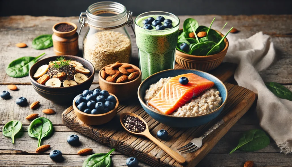 Best Recovery Foods: What to Eat for Muscle Recovery and Repair After Intense Training 2 A selection of muscle recovery foods displayed on a wooden table, featuring oatmeal with almonds and blueberries, grilled salmon with quinoa, and a protein smoothie made with banana, spinach, and protein powder.