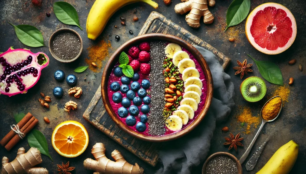 Best Foods to Fight Inflammation: Optimize Athletic Recovery & Performance Naturally 2 "An artistic overhead shot of a colorful anti-inflammatory smoothie bowl topped with sliced bananas, chia seeds, nuts, and surrounded by fresh ingredients like turmeric root, ginger, citrus fruits, and dark leafy greens."