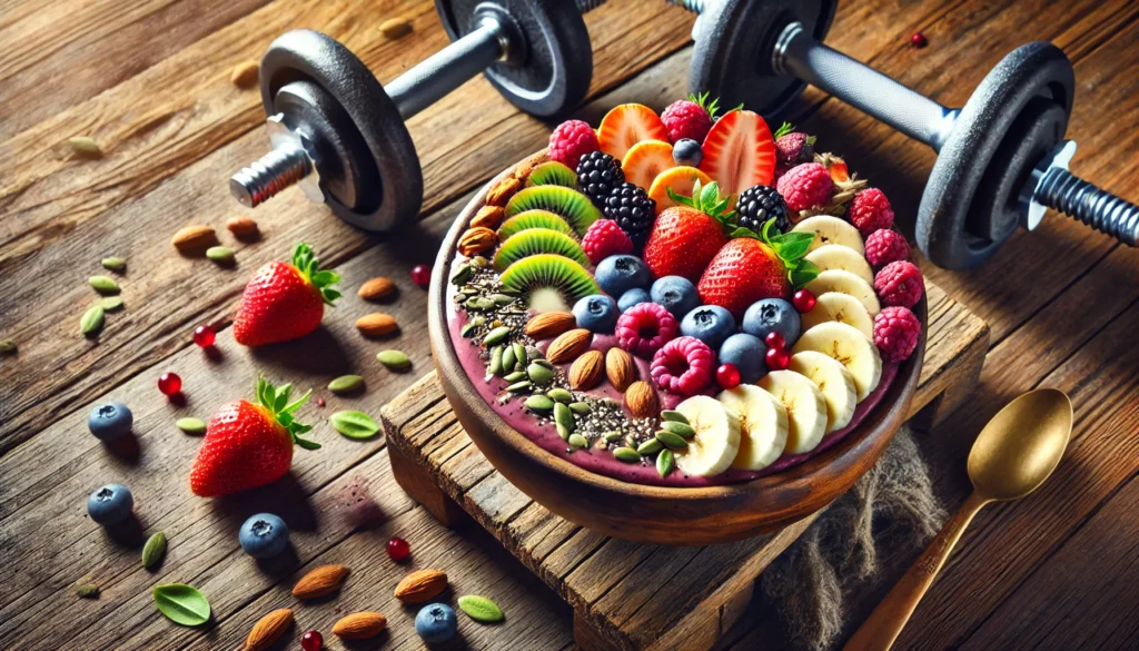 Bananas for Muscle Cramps: How This Nutrient-Packed Fruit Supports Athletic Recovery 2 A beautifully arranged smoothie bowl made with bananas, berries, nuts, and seeds on a wooden table with dumbbells nearby, representing a balanced diet for muscle recovery.