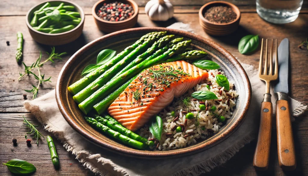 The Ultimate Muscle Building Diet Plan: What to Eat and When to Eat for Maximum Muscle Growth 2 A nutrient-dense meal featuring salmon fillet, brown rice, and steamed asparagus, served on a rustic ceramic plate garnished with fresh herbs, placed on a wooden table with soft, natural lighting.