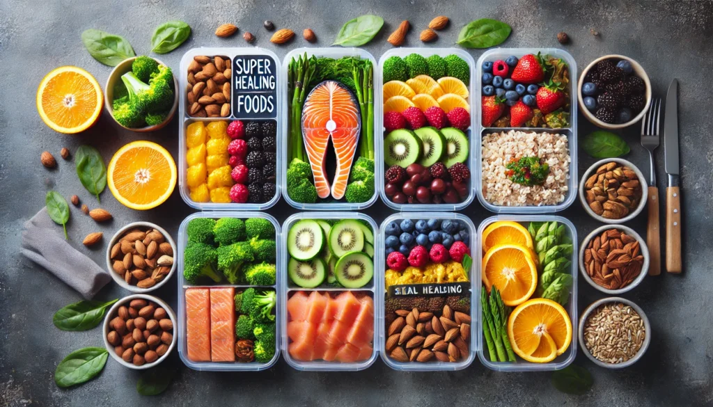 Super Healing Foods: The Best Nutrient-Rich Choices for Athletic Recovery & Regeneration 2 A visually striking meal-prep display featuring super healing foods like salmon, brown rice, steamed broccoli, nuts, and vibrant fruits such as oranges and berries, neatly arranged to showcase balanced nutrition for athletic recovery and muscle regeneration.