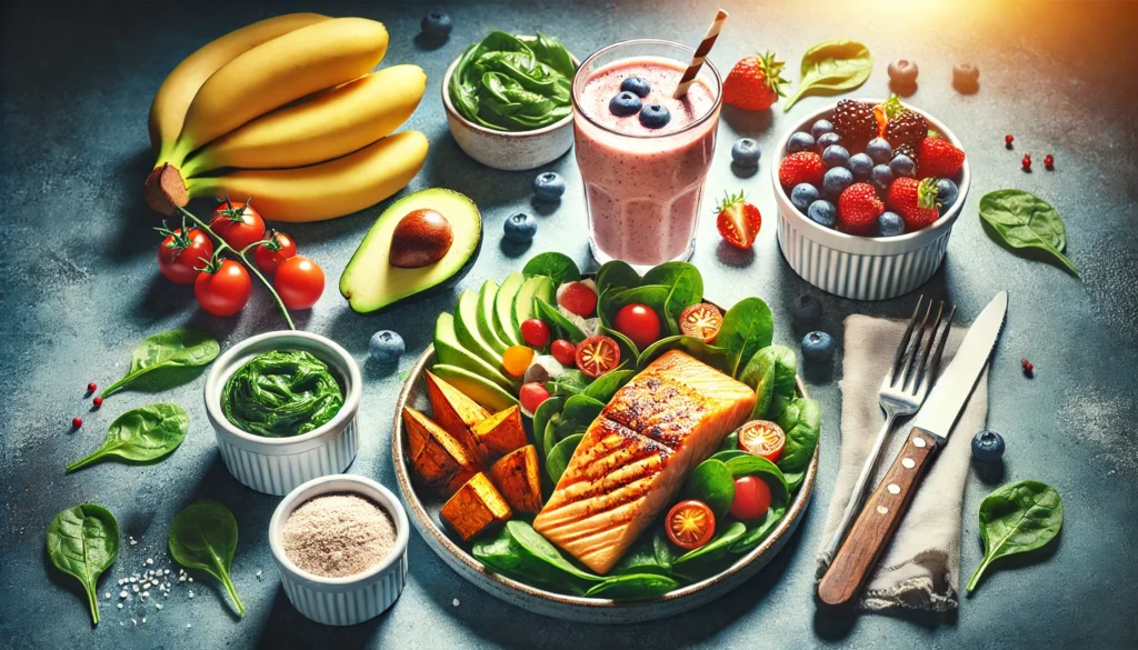 Optimizing Nutrition for Strength Training: The Best Foods to Fuel Performance and Recovery 2 A post-workout meal displayed on a modern kitchen counter, consisting of grilled salmon, roasted sweet potatoes, a fresh spinach salad with avocado, and a protein smoothie, highlighting nutrition for muscle recovery and peak performance.