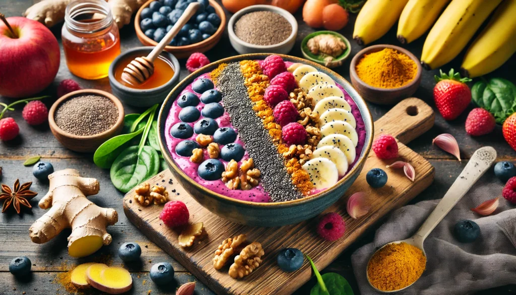 Top Foods That Help with Pain: Natural Nutrition for Athletic Recovery & Regeneration 2 "A vibrant smoothie bowl crafted for muscle recovery and pain relief, filled with blended berries, chia seeds, walnuts, and honey, topped with bananas, turmeric powder, and flaxseeds, with fresh ingredients like ginger root, blueberries, and spinach in the background."