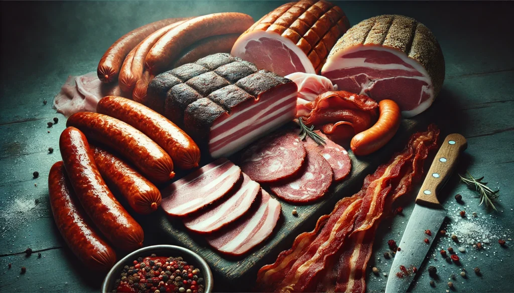 Top Foods to Avoid When Building Muscle for Optimal Athletic Recovery & Performance 2 "Processed and cured meats, including sausages, bacon, and deli meats, arranged on a wooden cutting board, emphasizing their high sodium and fat content, which negatively impact muscle growth and athletic recovery."