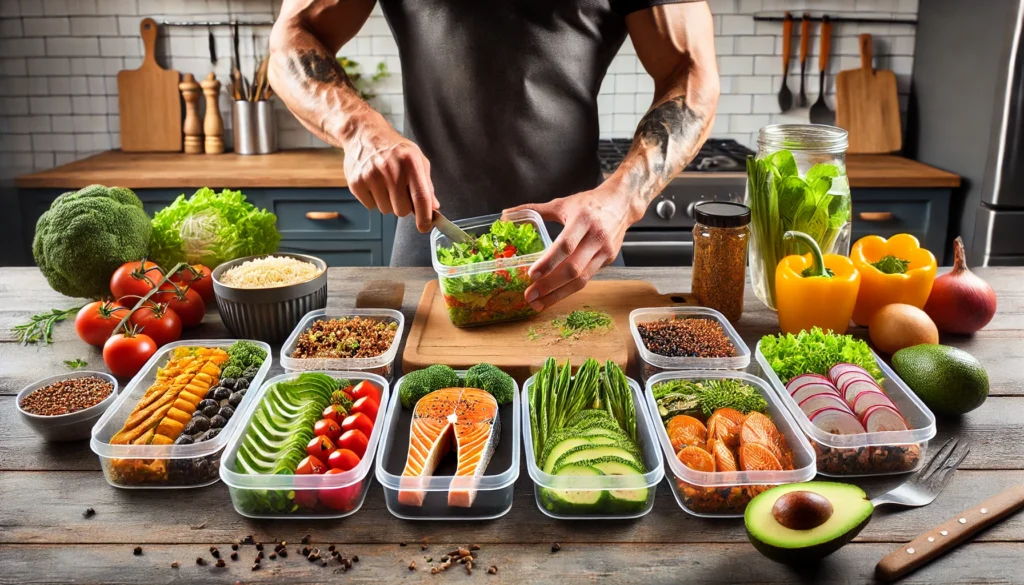 Best Meal Prep for Muscle Gain: Optimize Athletic Recovery & Regeneration with Smart Nutrition 1 "A dynamic meal prep scene for muscle gain featuring a variety of colorful, nutrient-dense ingredients like grilled salmon, roasted vegetables, quinoa, and avocado slices arranged in portioned containers on a wooden kitchen countertop."