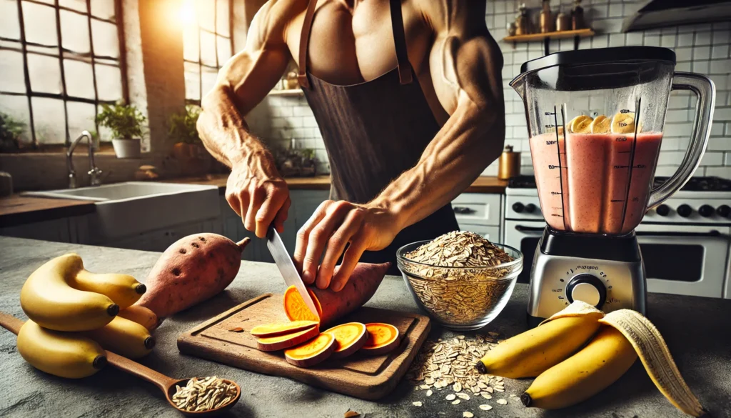 Best Carbs for Muscle Growth: Optimize Athletic Recovery & Regeneration Naturally 2 An athlete preparing a nutrient-rich post-workout meal, slicing sweet potatoes, measuring oats, and blending a banana smoothie in a bright kitchen, emphasizing the best carbs for building muscle and recovery.