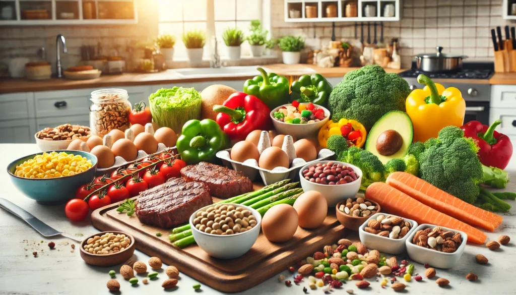 Easy High Protein Meals for Muscle Gain: Fuel Athletic Recovery & Optimize Performance 1 "A vibrant and healthy meal setup showcasing lean grilled meats, eggs, legumes, nuts, and colorful vegetables in a neatly arranged meal prep style, set in a clean and modern kitchen with natural sunlight."