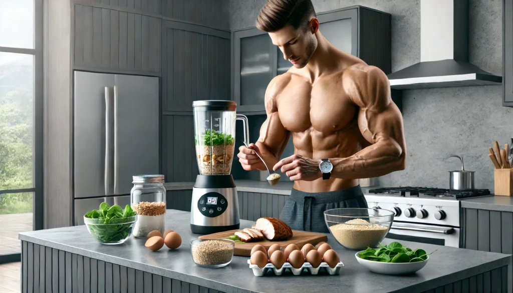 How Much Should I Eat to Gain Muscle? A Science-Backed Guide to Optimal Nutrition for Athletic Recovery 2 "A muscular athlete in a modern kitchen preparing a protein-rich meal with eggs, chicken breast, quinoa, and spinach, highlighting precision nutrition for muscle growth."