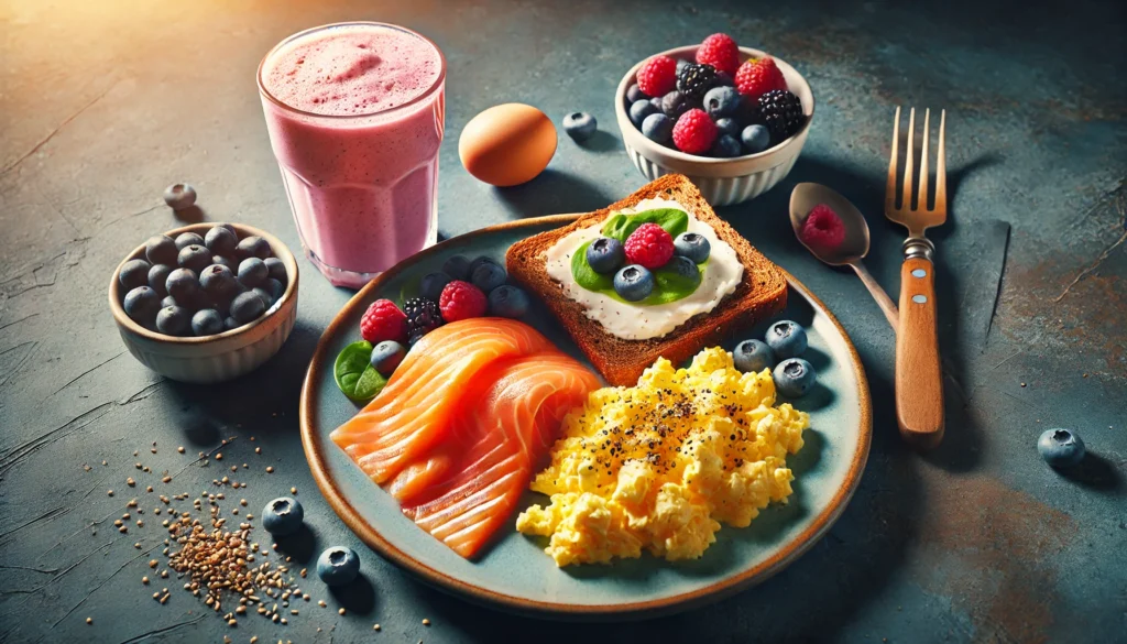 Best Foods for Bulking Skinny Guys: Top Muscle-Building Foods for Faster Recovery and Strength Gains 2 A protein-rich breakfast for muscle gain, featuring scrambled eggs, smoked salmon, whole-grain toast, and mixed berries, accompanied by a nutrient-dense protein smoothie.