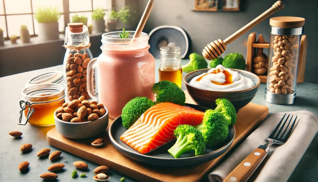 Best Bodybuilding Snacks: High-Protein Foods to Fuel Muscle Recovery and Growth 2 A high-protein post-workout snack setup, displaying a protein smoothie in a glass jar, a bowl of mixed nuts, grilled salmon with steamed broccoli, and Greek yogurt with honey. The modern, minimalistic background and bright natural lighting highlight the nutritious ingredients.