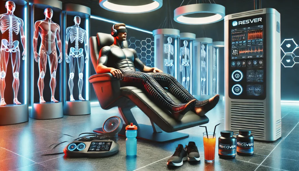 How to Speed Up Muscle Recovery: Top-Rated Supplements and Expert Tips for Faster Healing 2 An athlete relaxing in an ice bath after an intense workout, surrounded by recovery tools such as resistance bands, a towel, and a bottle of electrolyte-infused water. The cold mist rising from the ice bath highlights the effectiveness of cryotherapy for muscle recovery."