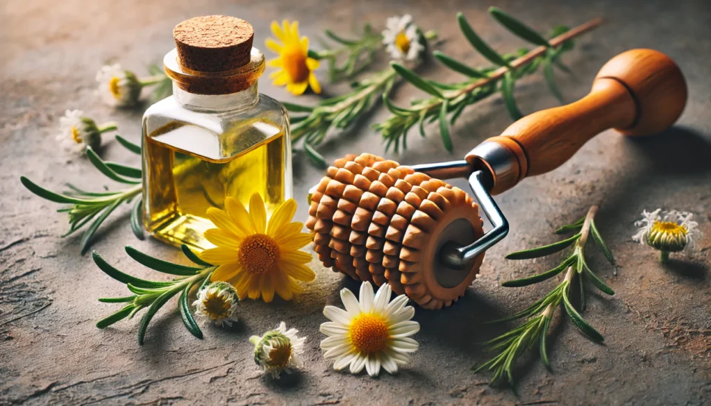 Natural Remedies for Muscle Pain and Inflammation: Effective Solutions for Athletic Recovery & Regeneration 2 A wooden massage roller and a glass jar of arnica-infused oil on a textured stone surface, accompanied by rosemary and chamomile flowers, illustrating holistic muscle pain relief.