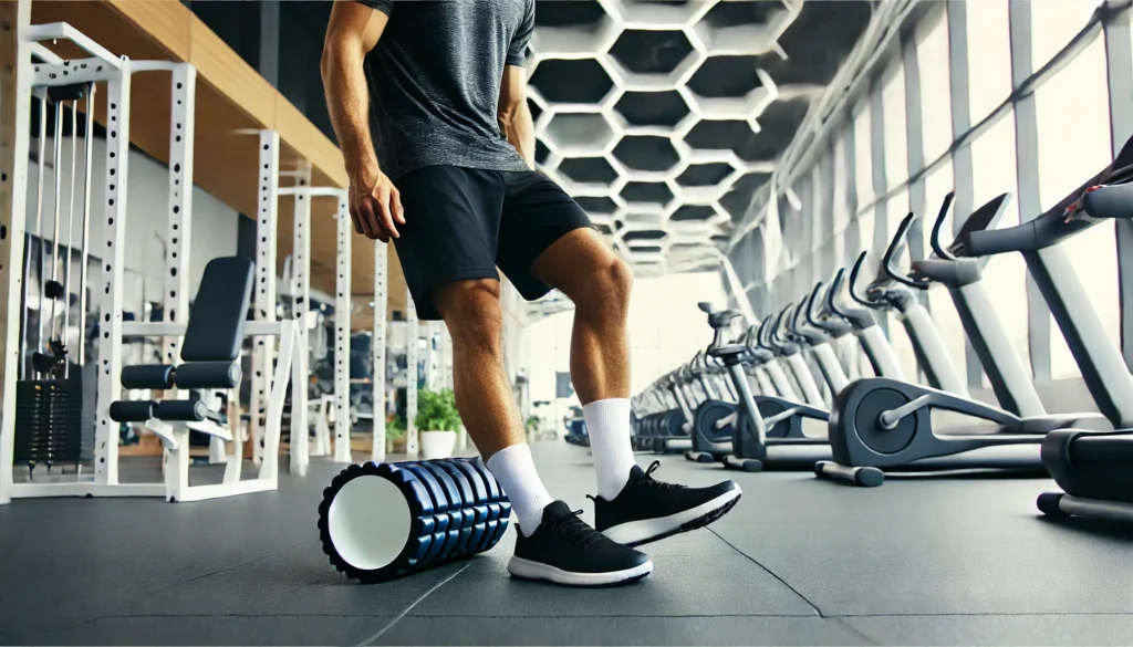 Sore After Workout? Proven Strategies to Relieve Muscle Pain and Recover Faster 2 A person in athletic wear using a foam roller on their legs in a modern gym. The bright and well-lit environment, with fitness equipment in the background, emphasizes post-workout muscle recovery and relief from soreness.