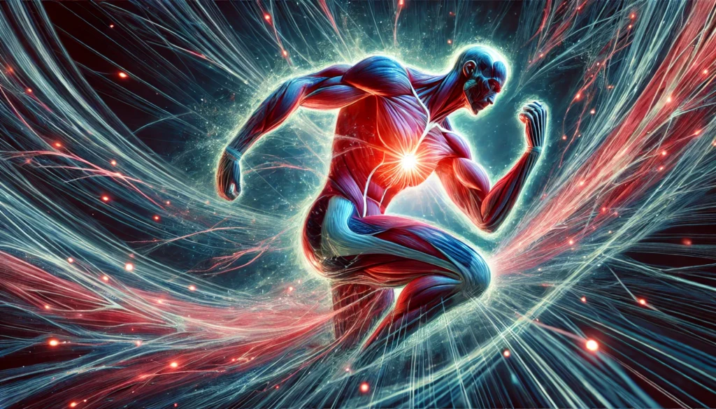 Protein and Muscle Recovery: How It Supports Athletic Performance and Speeds Up Healing 2 An artistic depiction of muscle fibers regenerating and strengthening, symbolizing the process of muscle recovery. The image features a dynamic blend of red and blue tones to represent blood circulation and healing, with a glowing effect emphasizing muscle repair and protein synthesis.