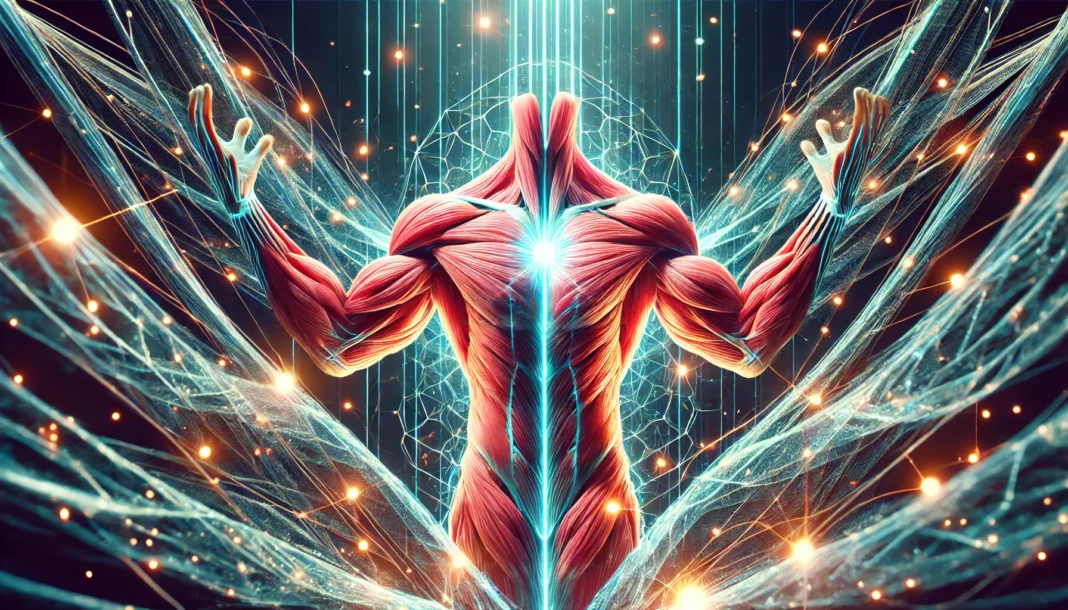 A futuristic visualization of muscle fibers healing and regenerating, with glowing energy lines highlighting muscle recovery and enhanced performance.