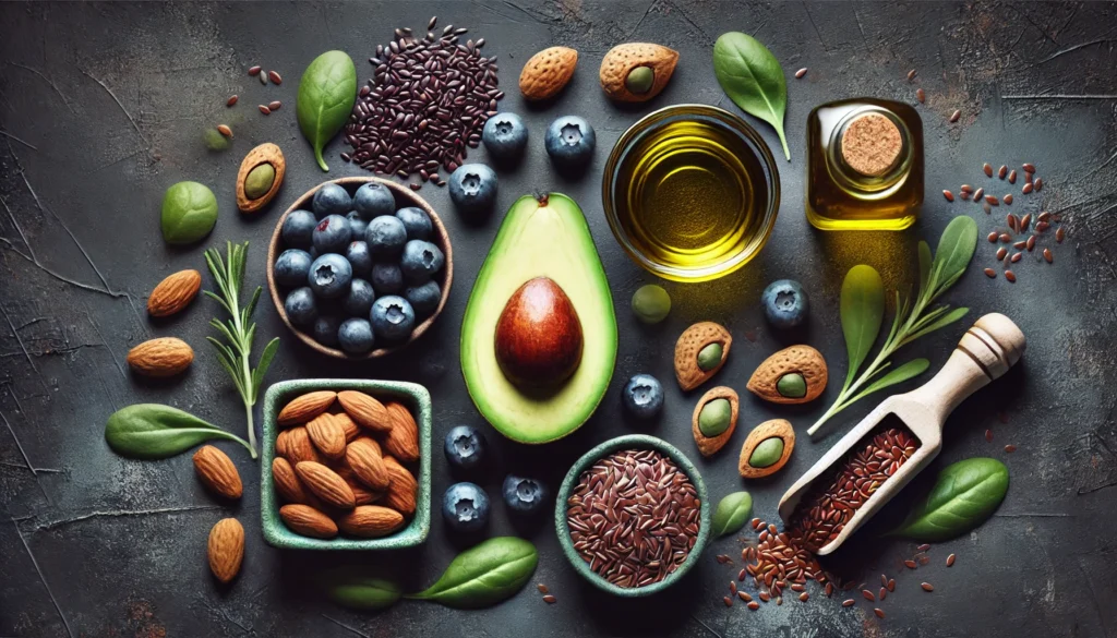 Best Foods to Eat for Joint Health: Optimize Athletic Recovery & Reduce Knee Pain Naturally 2 "An artistic flat-lay composition featuring avocado, almonds, olive oil, blueberries, and flaxseeds, highlighting the balance of healthy fats, antioxidants, and anti-inflammatory compounds for joint health."