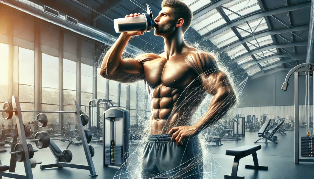 Top Muscle Tear Supplements for Faster Athletic Recovery & Regeneration 2 A high-resolution digital artwork of a fit, muscular athlete drinking a post-workout recovery shake in a modern gym. The scene highlights the importance of muscle recovery supplements in athletic regeneration, with fitness equipment in the background reinforcing the theme of training and recovery.