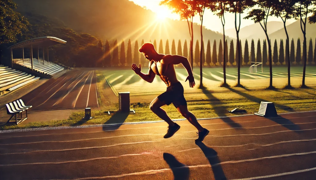 "A fit athlete sprinting on a track during a sunrise workout session, with a scenic park and mountains in the background, highlighting the connection between outdoor training and peak fitness."