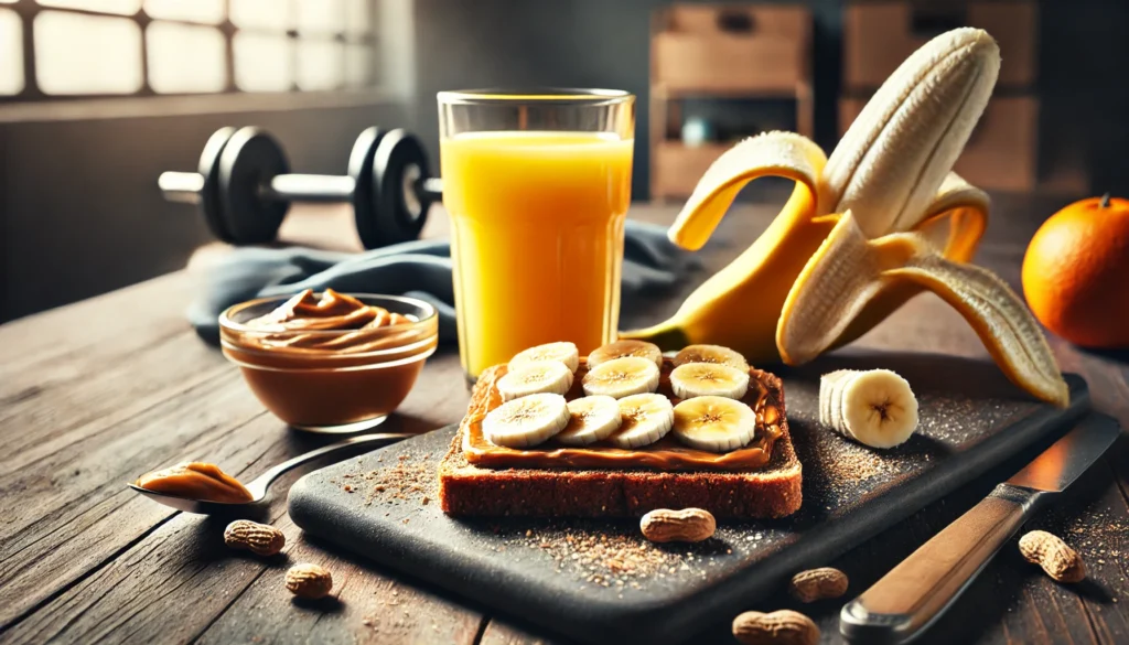What to Eat 30 Minutes Before Workout: The Best Foods for Peak Performance and Faster Recovery 2 A pre-workout meal of whole grain toast topped with peanut butter and banana slices, paired with a glass of fresh orange juice, placed in a well-lit, modern kitchen, radiating energy and vitality.