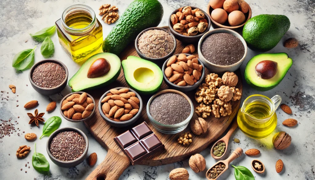 Top Foods to Eat When Bulking: Boost Muscle Growth and Enhance Athletic Recovery 2 A high-resolution image displaying healthy fats for bulking, including avocados, almonds, walnuts, flaxseeds, chia seeds, olive oil, and dark chocolate, arranged aesthetically on a marble kitchen counter.