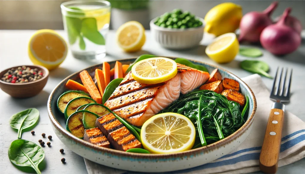 What to Eat to Get Shredded: The Ultimate Nutrition Guide for Athletic Recovery & Regeneration 2 A vibrant pre-workout meal consisting of grilled salmon, roasted sweet potatoes, and sautéed spinach, garnished with fresh lemon slices. The softly blurred background depicts a modern, health-focused kitchen.