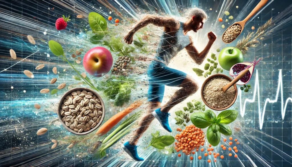 How to Get 30 Grams of Fiber a Day for Optimal Athletic Recovery & Performance 2 A dynamic representation of a runner in motion, fueled by fiber-rich foods like oatmeal, lentils, and leafy greens, symbolizing endurance, sustained energy, and peak athletic performance.