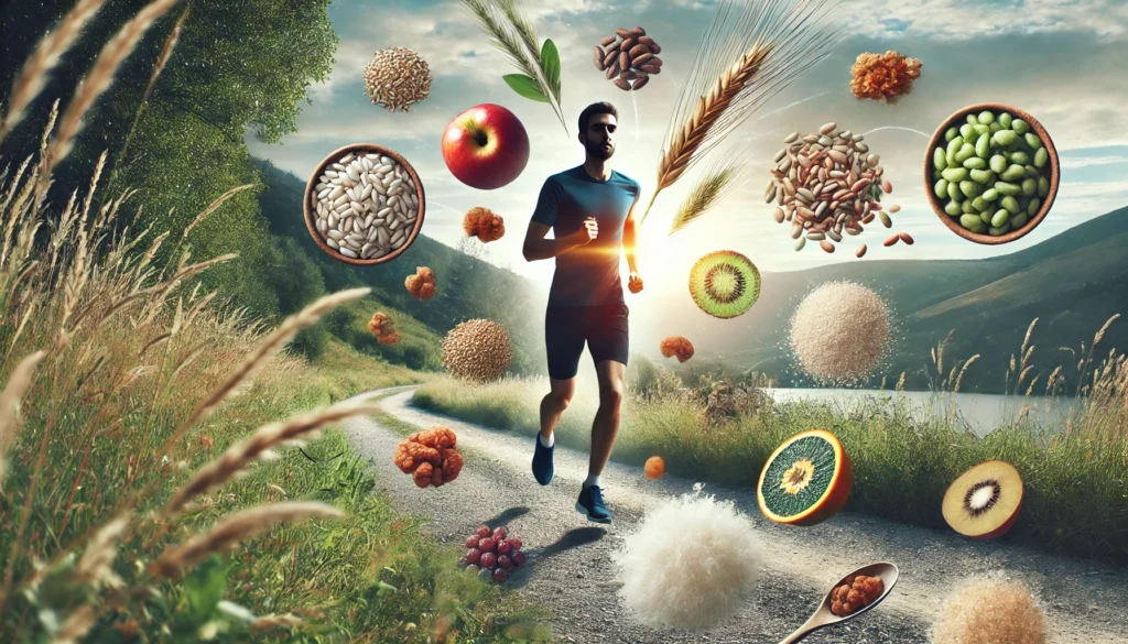 Best Fiber for Weight Loss: How the Right Fiber Can Speed Up Athletic Recovery & Regeneration 2 An athlete running through a scenic outdoor trail, surrounded by subtle visual elements of fiber-rich foods like floating grains, fruits, and nuts, symbolizing fiber’s support for endurance and recovery.