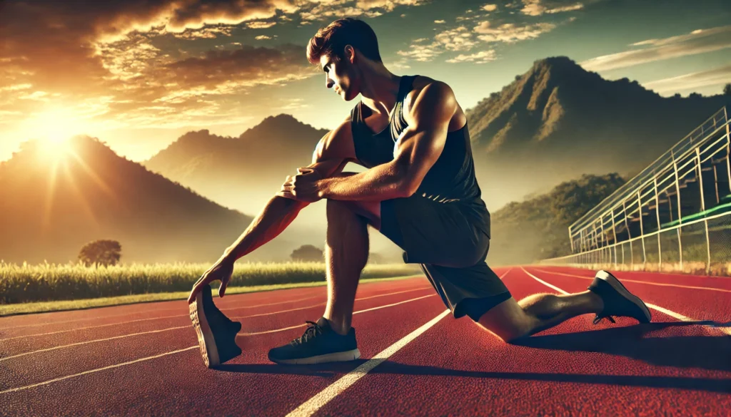 Maximizing Athletic Recovery: The Benefits of Fiber Supplements for Performance and Regeneration 2 A high-performance athlete stretching on a track at sunrise, symbolizing muscle recovery and flexibility. The serene natural background represents regeneration and balance.