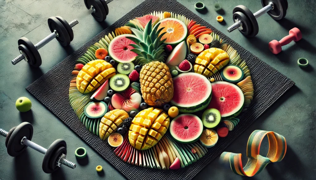 Best Fruits for Muscle Gain: Natural Nutrients to Boost Athletic Recovery & Regeneration 2 A dynamic display of sliced tropical fruits like pineapples, mangoes, and watermelons, creatively arranged on a fitness mat, with a pair of dumbbells subtly reinforcing the theme of athletic nutrition and recovery.